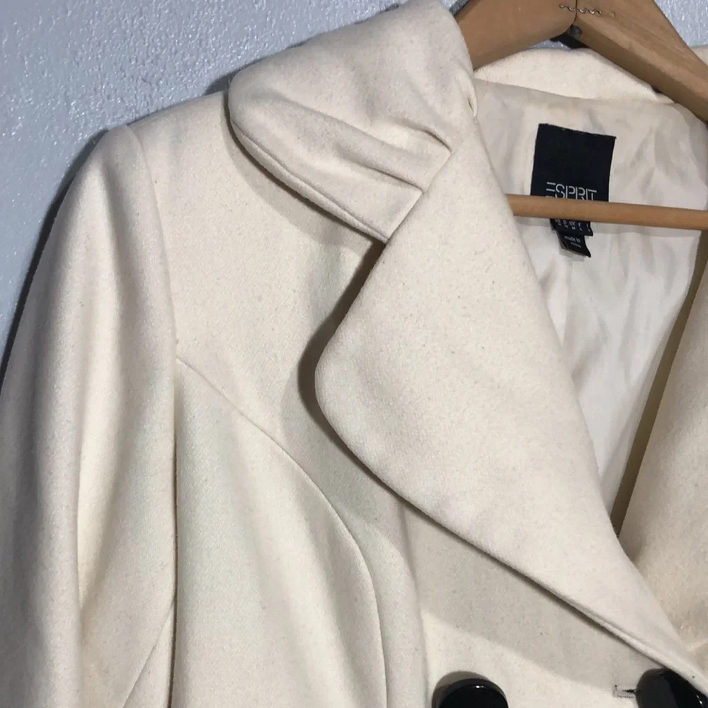 ESPRIT | Vintage Ivory Wool Blend Double Breasted Pleated Notched Collar Coat M